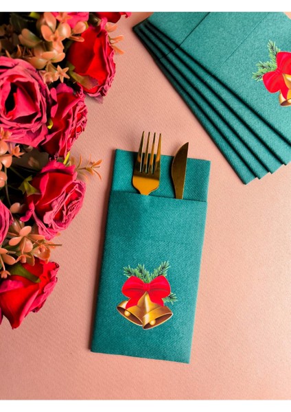 Kumaş Dokulu Çan Yılbaşı Baskılı Yeşil Cepli Peçete 6'lı