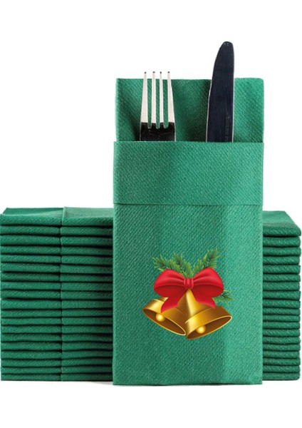 Kumaş Dokulu Çan Yılbaşı Baskılı Yeşil Cepli Peçete 6'lı fiyatları
