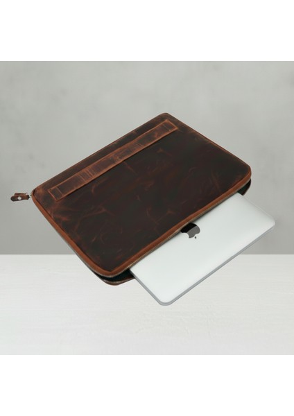 Vintage Hakiki Deri Fermuarlı Çanta I 2 Kartlık 2 Cep I 14 Inç Uyumlu | El Yapımı MacBook Kılıfı