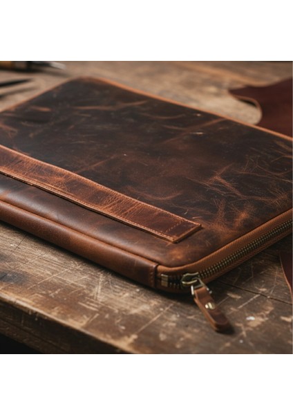 Vintage Hakiki Deri Fermuarlı Çanta I 2 Kartlık 2 Cep I 14 Inç Uyumlu | El Yapımı MacBook Kılıfı fırsatları