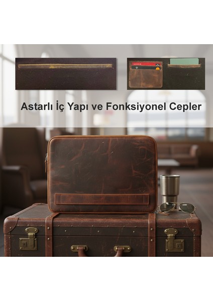 Vintage Hakiki Deri Fermuarlı Çanta I 2 Kartlık 2 Cep I 14 Inç Uyumlu | El Yapımı MacBook Kılıfı indirimleri