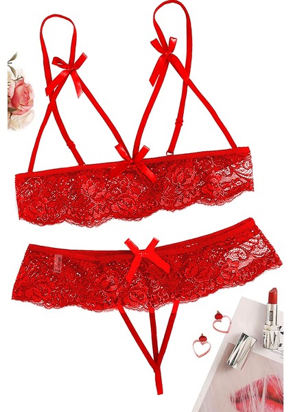 Özel Bölgesi Açık Kırmızı Fantezi Sütyen Külot Takımı