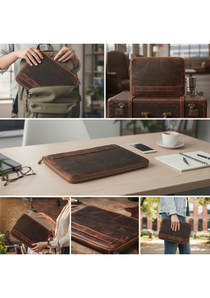 Vintage Hakiki Deri Fermuarlı Çanta I 2 Kartlık 2 Cep I 14 Inç Uyumlu | El Yapımı MacBook Kılıfı