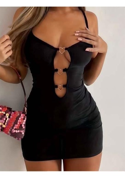 Siyah Göğüs Dekolteli Kalp Detaylı Mini Club Elbisesi