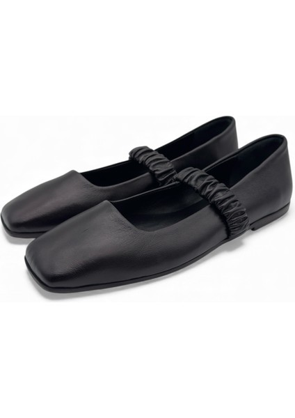 Ruche Siyah Hakiki Deri Kare Burun Büzgülü Bantlı Mary Jane Kadın Babet fiyatları