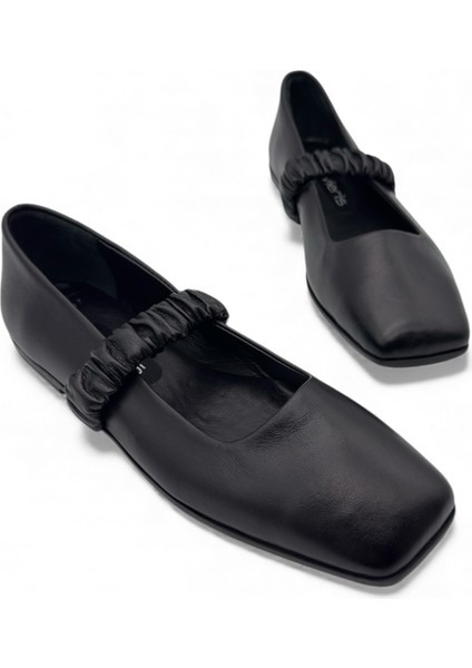 Ruche Siyah Hakiki Deri Kare Burun Büzgülü Bantlı Mary Jane Kadın Babet modelleri