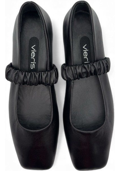 Ruche Siyah Hakiki Deri Kare Burun Büzgülü Bantlı Mary Jane Kadın Babet fırsatları