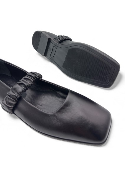 Ruche Siyah Hakiki Deri Kare Burun Büzgülü Bantlı Mary Jane Kadın Babet indirimleri