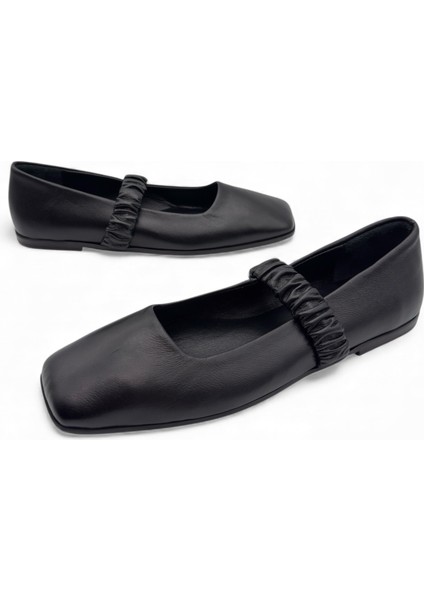Ruche Siyah Hakiki Deri Kare Burun Büzgülü Bantlı Mary Jane Kadın Babet