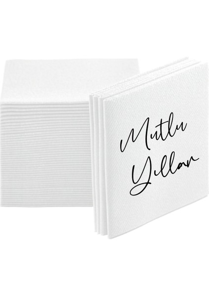 Kumaş Dokulu Siyah Mutlu Yıllar Baskılı Beyaz Peçete 12'li