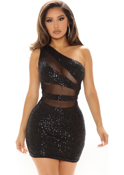 Pullu Transparan Detaylı Omuz Dekolteli Mini Seksi Elbise