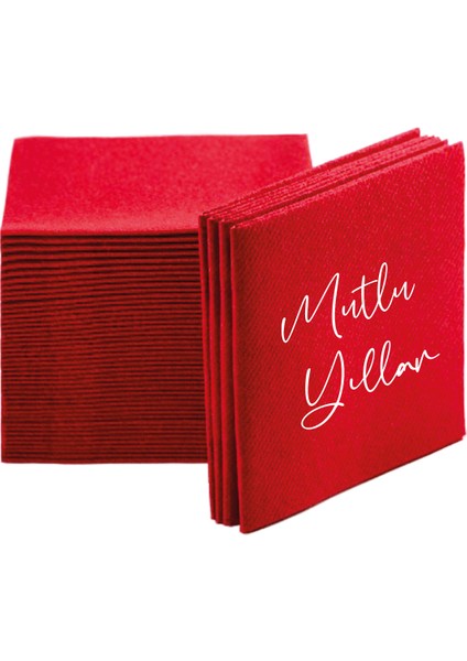 Kırmızı Kumaş Dokulu Kokteyl Peçete Yılbaşı Mutlu Yıllar Baskılı 12'li fiyatları