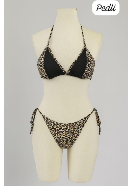 Kadın Siyah ve Leopar Detaylı Yandan Bağlamalı Bikini Takımı