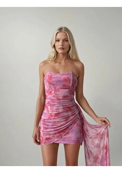 Kadın Pembe Straplez Kuyruklu Abiye Elbise