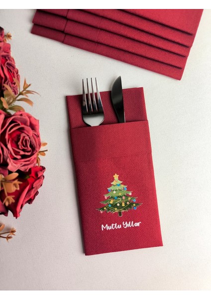 Kumaş Dokulu Yılbaşı Ağacı Baskılı Bordo Cepli Peçete 6'lı