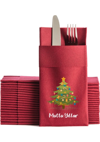 Kumaş Dokulu Yılbaşı Ağacı Baskılı Bordo Cepli Peçete 6'lı fiyatları