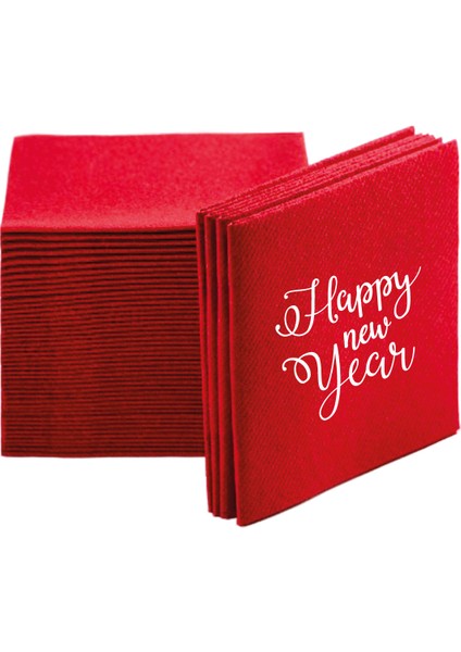 Kumaş Dokulu Yılbaşı Mutlu Yıllar Peçetesi Kırmızı Kokteyl 12'li