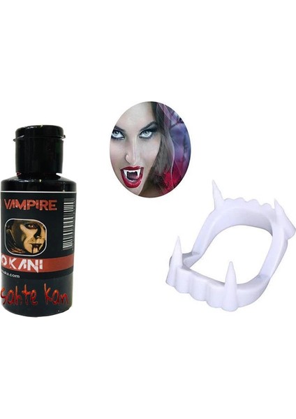 Beyaz Renk Çift Damak Takma Vampir Dişi ve 50 gr Tiyatro Kanı