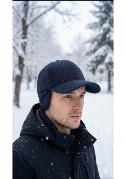 Kulaklı Lacivert Kaşe Şapka Kışlık Kaşe Erkek Şapka