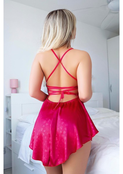 Derin Sırt Detay Kalp Desenli Saten Fuşya Fantezi Elbise fiyatları