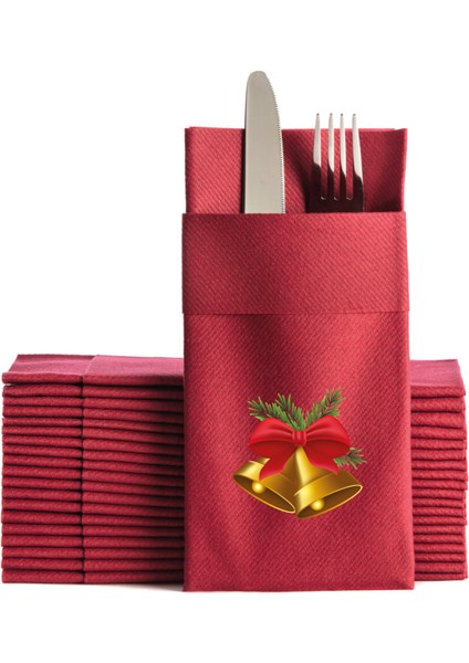 Kumaş Dokulu Mutlu Yıllar Çan Baskılı Bordo Cepli Peçete 6'lı