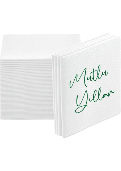 Kumaş Dokulu Yeşil Mutlu Yıllar Baskılı Beyaz Peçete 12'li