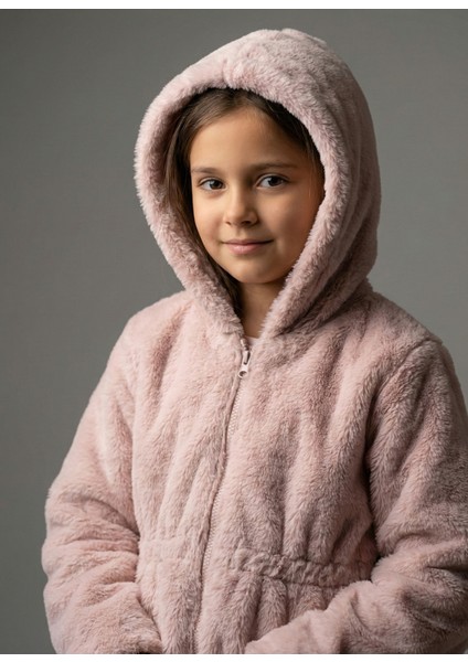 Kız Çocuk Beli Lastikli Kapüşonlu Astarlı Peluş Mont