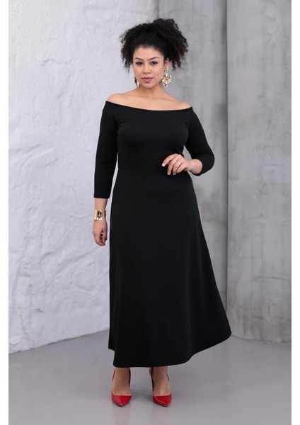 Kadın Siyah Kayık Yaka Truvakar Kol Kuplu Büyük Beden Esnek Elbise fiyatları