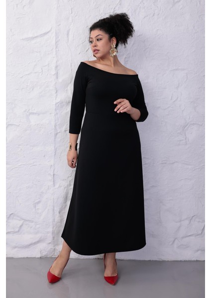 Kadın Siyah Kayık Yaka Truvakar Kol Kuplu Büyük Beden Esnek Elbise modelleri