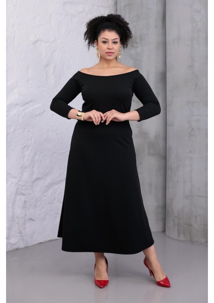 Kadın Siyah Kayık Yaka Truvakar Kol Kuplu Büyük Beden Esnek Elbise fırsatları