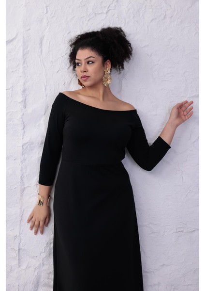 Kadın Siyah Kayık Yaka Truvakar Kol Kuplu Büyük Beden Esnek Elbise indirimleri