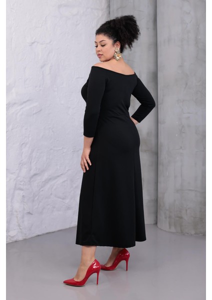 Kadın Siyah Kayık Yaka Truvakar Kol Kuplu Büyük Beden Esnek Elbise