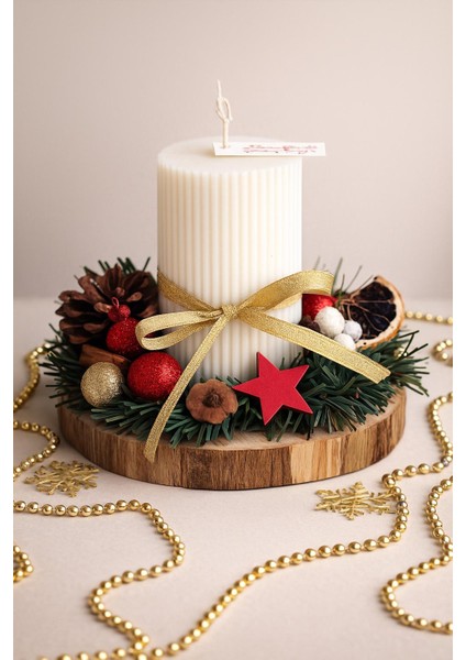 Yılbaşı Dekoratif Sütun Mum – Ahşap Altlık Üzerinde El Yapımı Düzenleme fiyatları