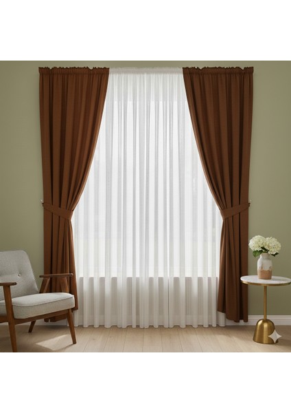 Ekonomik Perde Seti | 2 Adet Fon Perde Büzgülü (150X260) + 2 Adet Fon Perde Bağı + 1 Adet Sık Pileli Tül PERDE(300X260) | Ekru-Yıkama Torbası ve Stoper Kilit Hediyeli