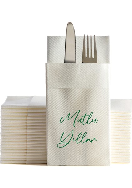 Kumaş Dokulu Yeşil Mutlu Yıllar Baskılı Beyaz Peçete 6'lı