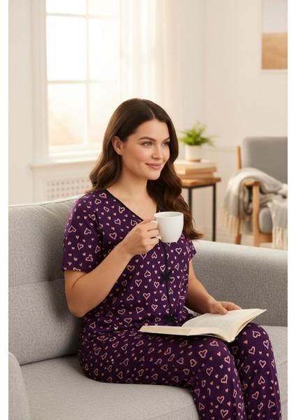 Kadın Mor Kalp Desenli Fiyonklu Kısa Kollu Uzun Pijama Takımı indirimleri