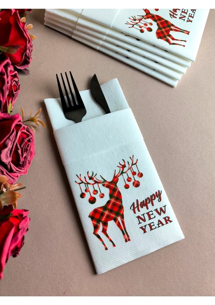 Kumaş Dokulu Yılbaşı Deer Happy New Year Baskılı Beyaz Peçete 6'lı