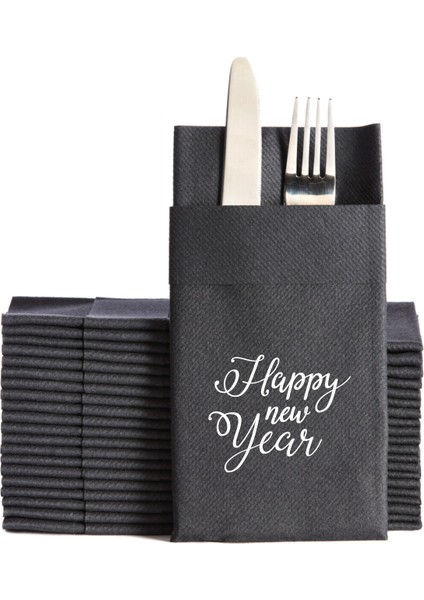Kumaş Dokulu Happy New Year Baskılı Siyah Cepli Peçete 6'lı