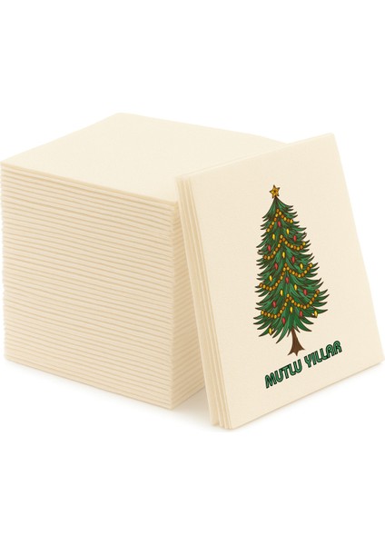 Kumaş Dokulu Bej Yılbaşı Ağacı Baskılı Peçete 12'li