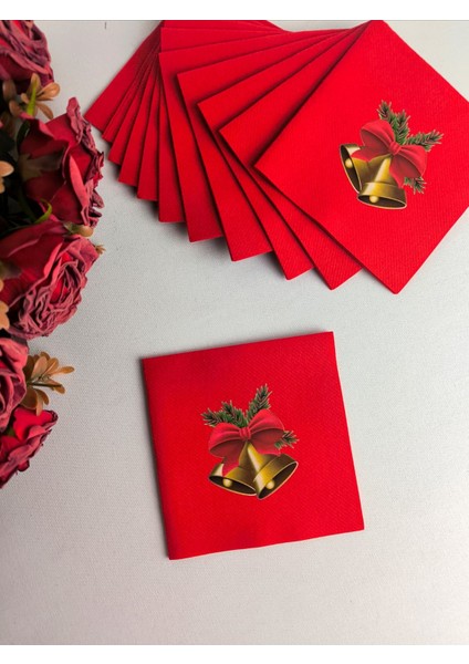 Kumaş Dokulu Çan Desenli Yılbaşı Mutlu Yıllar Peçetesi Kırmızı Kokteyl 12'li