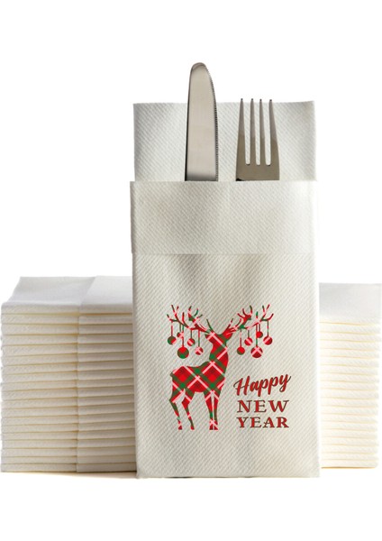 Kumaş Dokulu Yılbaşı Deer Happy New Year Baskılı Beyaz Peçete 6'lı fiyatları