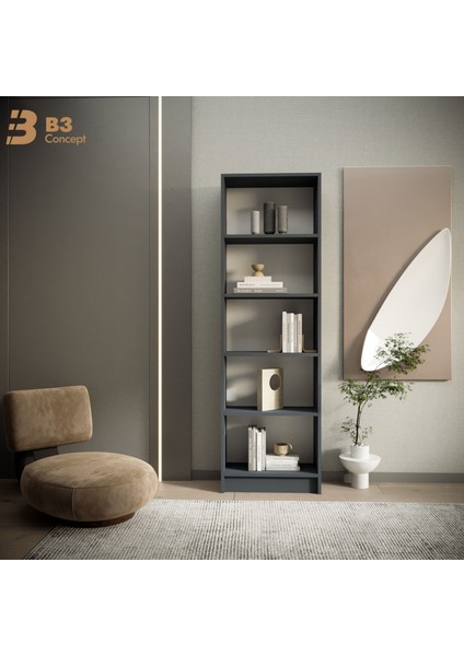 B3CONCEPT Modern Antrasit Kitaplık – 5 Raflı Ahşap Raflı Dekoratif Çok Amaçlı Düzenleyici Kitaplık