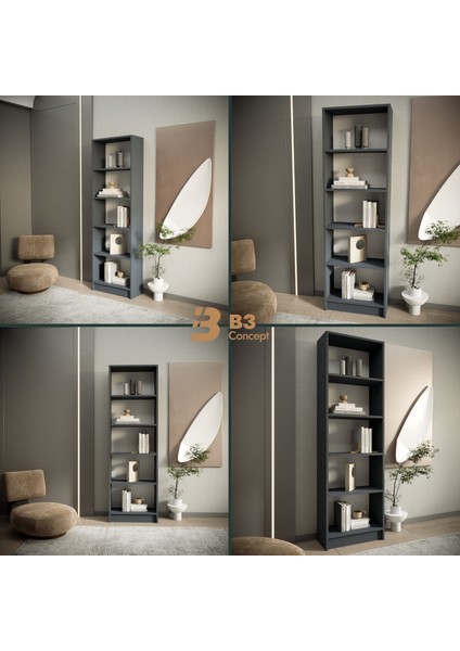 B3CONCEPT Modern Antrasit Kitaplık – 5 Raflı Ahşap Raflı Dekoratif Çok Amaçlı Düzenleyici Kitaplık fiyatları