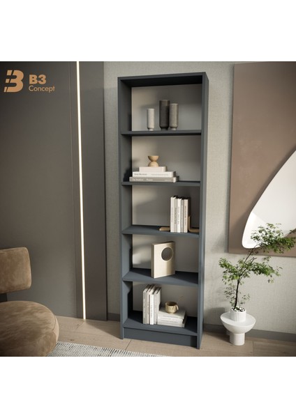 B3CONCEPT Modern Antrasit Kitaplık – 5 Raflı Ahşap Raflı Dekoratif Çok Amaçlı Düzenleyici Kitaplık fırsatları