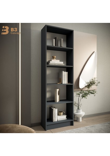 B3CONCEPT Modern Antrasit Kitaplık – 5 Raflı Ahşap Raflı Dekoratif Çok Amaçlı Düzenleyici Kitaplık indirimleri