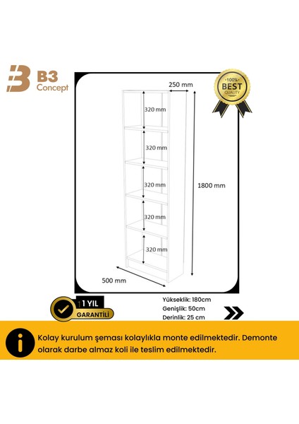 B3CONCEPT Modern Antrasit Kitaplık – 5 Raflı Ahşap Raflı Dekoratif Çok Amaçlı Düzenleyici Kitaplık