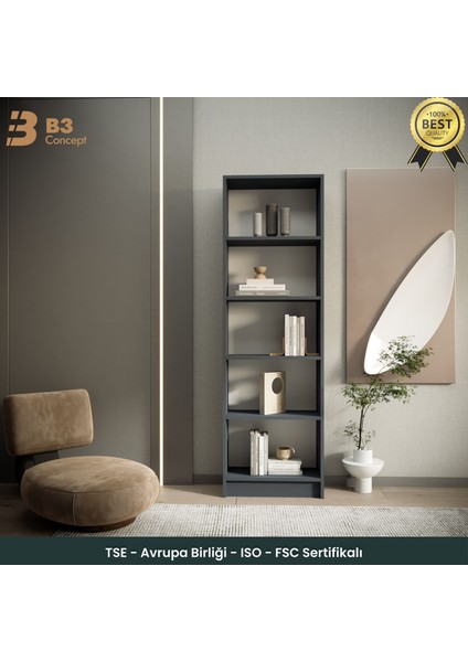 B3CONCEPT Modern Antrasit Kitaplık – 5 Raflı Ahşap Raflı Dekoratif Çok Amaçlı Düzenleyici Kitaplık