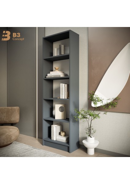 B3CONCEPT Modern Antrasit Kitaplık – 5 Raflı Ahşap Raflı Dekoratif Çok Amaçlı Düzenleyici Kitaplık