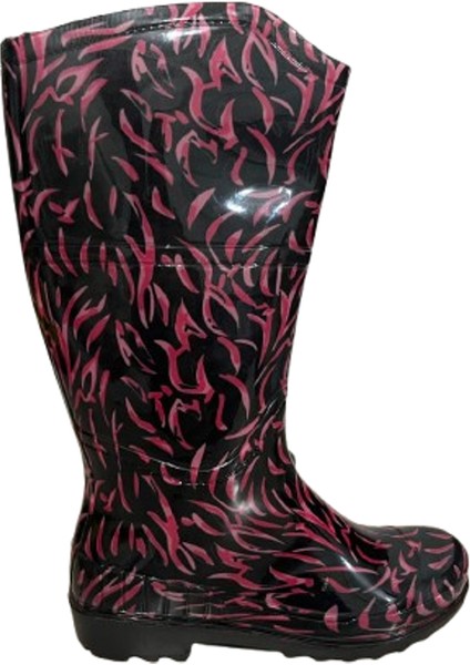 Kadın Siyah-Pembe Desenli 35 cm Uzun Bahçe Yağmur Çizmesi