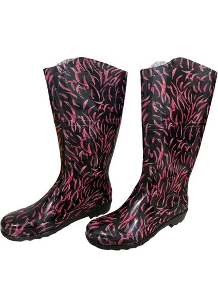 Kadın Siyah-Pembe Desenli 35 cm Uzun Bahçe Yağmur Çizmesi modelleri
